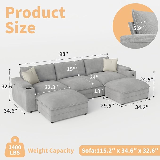 115" U Shaped Cloud Sofa Couch - Image 2