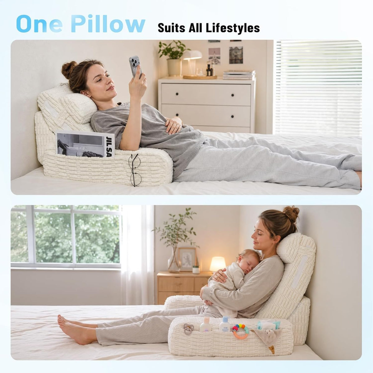 enitya reading pillow with height-adjustable backrest for custom, close-up detail
