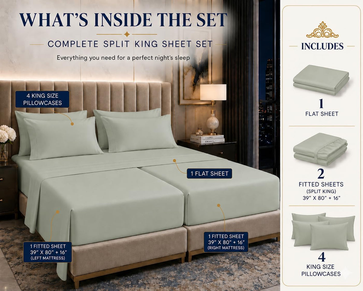 split king sheets for adjustable bed, 7pc egyptian shown in use