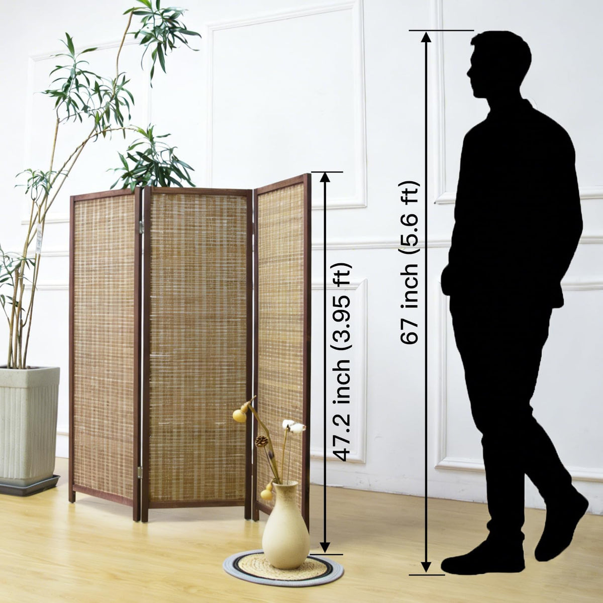 furnnylane 3 panel short room divider screen,brown freestanding shown in use