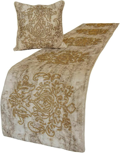 The HomeCentric King/Queen/Twin Ivory & Gold Decorative Queen 74"x18" Bed Runner by TheHomeCentric