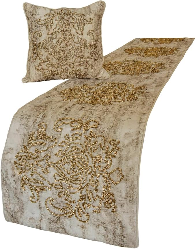 The HomeCentric King/Queen/Twin Ivory & Gold Decorative King 90"x18" Bed Runner by TheHomeCentric