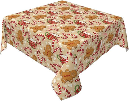 Christmas Tablecloth Square 54×54 Inch, Gingerbread Man Candy Cane Holiday by QANOK