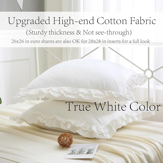 2 Pack Off White Ruffled Euro Shams Pillow Covers, 100% Cotton Vintage French - Image 2