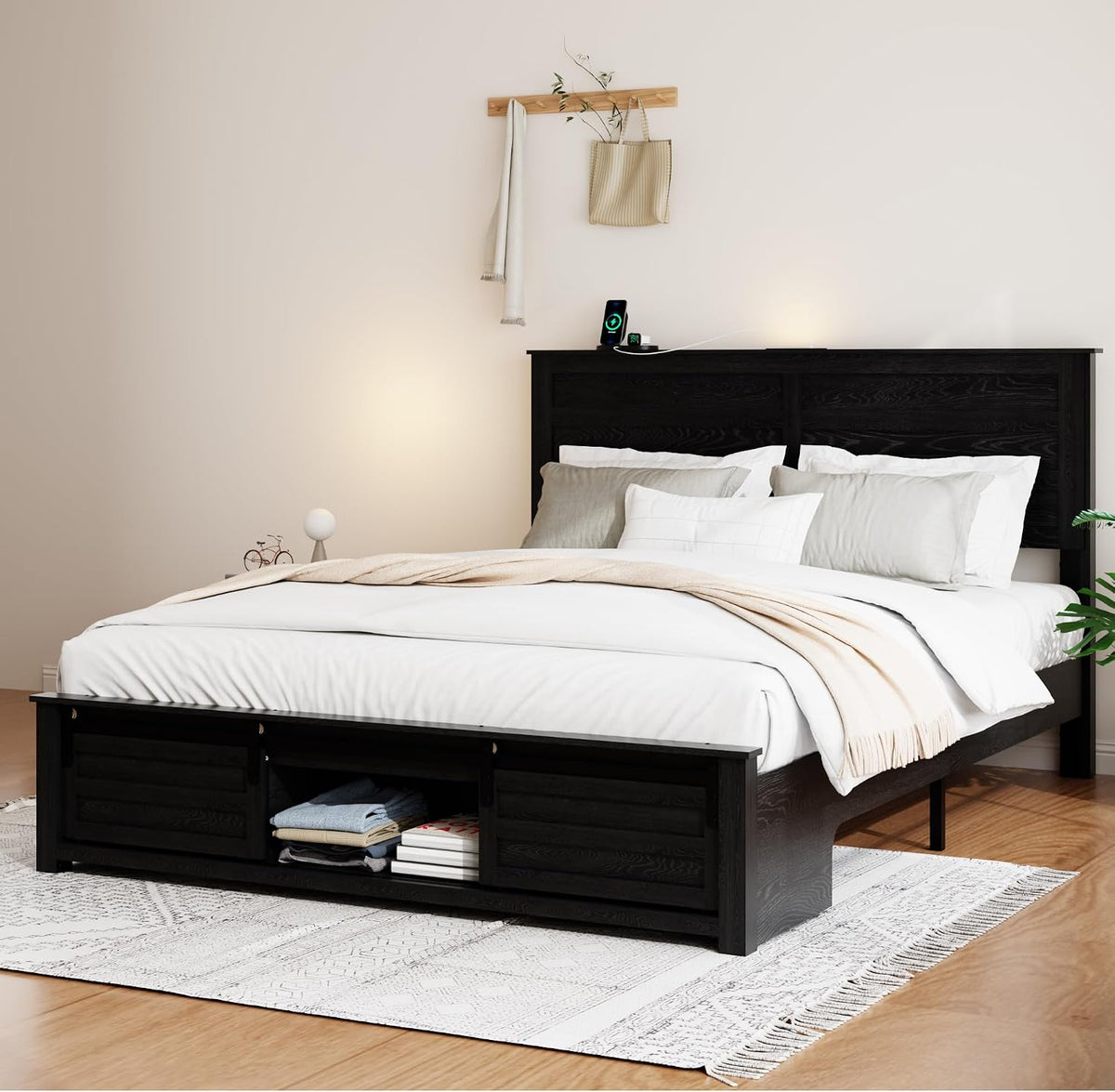 queen size wooden bed frame with headboard, farmhouse on a desk or shelf