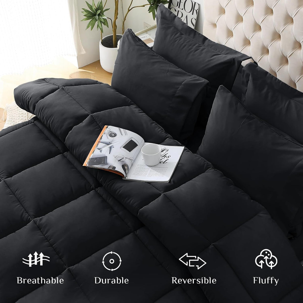 jollyvogue full comforter set, ultra-soft bed in a shown in use