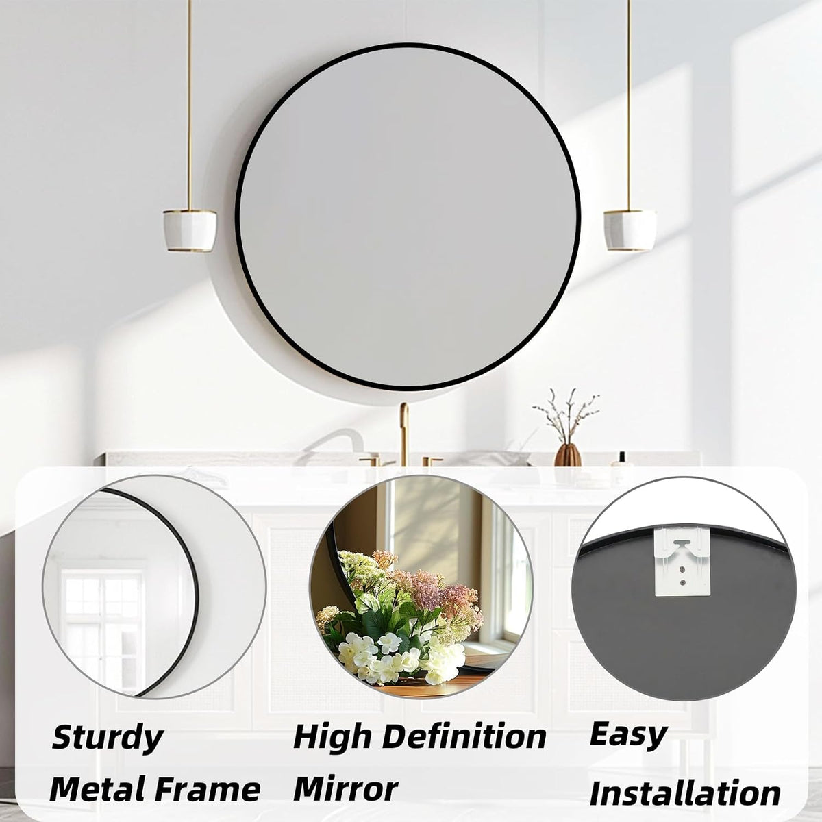 round mirror 30 inch, circle black mirror, matte shown in use