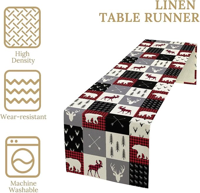 Farmhouse Bear Deer Table Runner, Retro Rustic Village Buffalo Plaid Table - Image 6