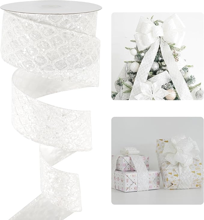 HUIHUANG White Glitter Wired Ribbon by HUIHUANG