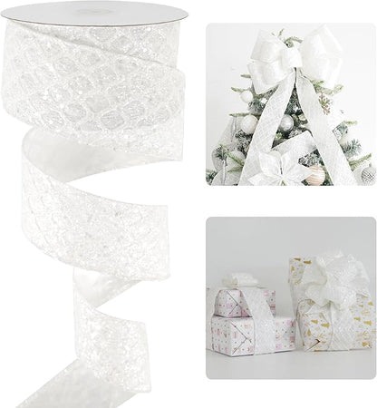 HUIHUANG White Glitter Wired Ribbon by HUIHUANG