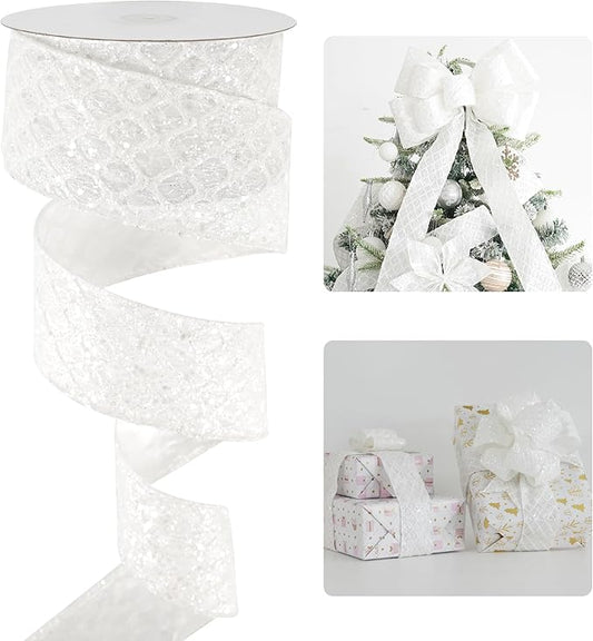 HUIHUANG White Glitter Wired Ribbon by HUIHUANG