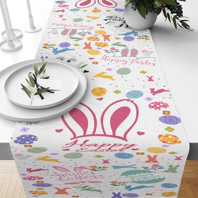 Happy Easter Table Runner, Easter Rabbits Linen Farmhouse Table Runners - Image 6