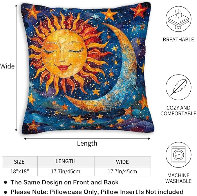 Sun and Moon Throw Pillow Covers Set of 2 | 18x18 Inches Cushion Cases - Image 5