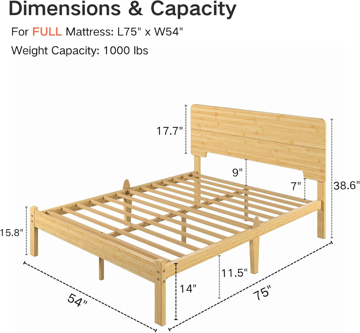 14" solid bamboo wood full size bed frame shown in use