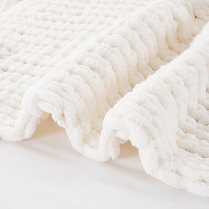 Battilo Cream Chunky Knit Throw Blanket, Soft and Thick White Chenille Throw - Image 7