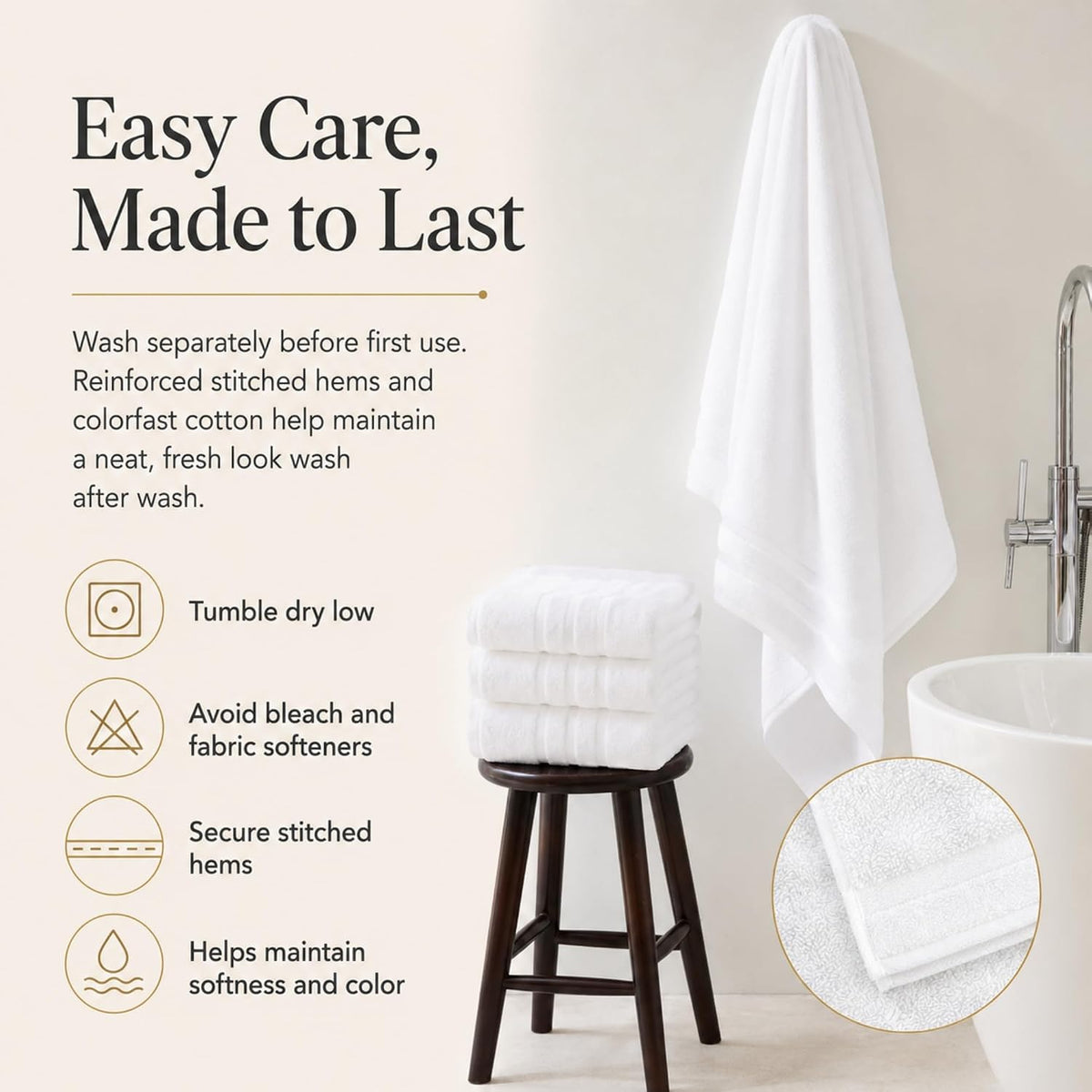 velqora large 100% cotton bath towels 4 pack showing dimensions