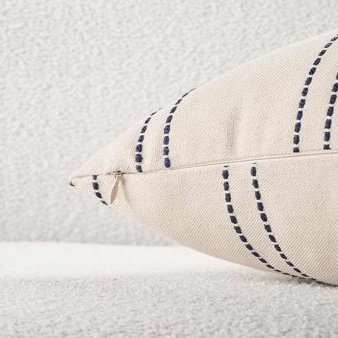 Decorative Throw Pillow Covers 18x18 Inch Set of 2 Linen Striped Accent Neutral - Image 2