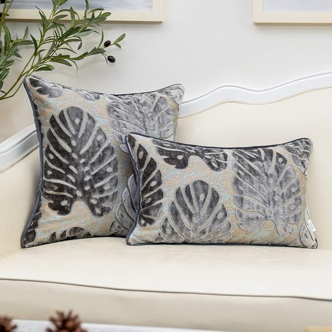 Alerfa 12 x 20 Inch Rectangle Leaf Pillow Embroidery Cut Velvet Cushion Case - Image 4