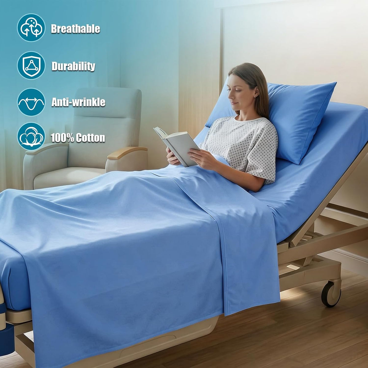 kkjiaf 3 piece light blue cotton hospital bed shown in use