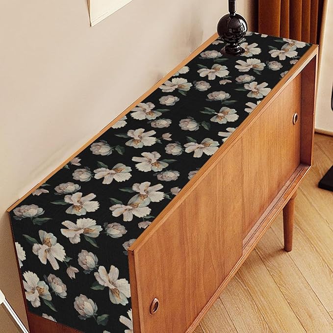 Dark Floral Table Runner, Abstract White Flower Seasonal Coffee Table Center - Image 3
