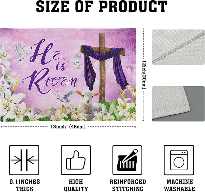 Giwawa He is Risen Placemats, Easter Cross Lamb Linen Washable Place Mat - Image 4
