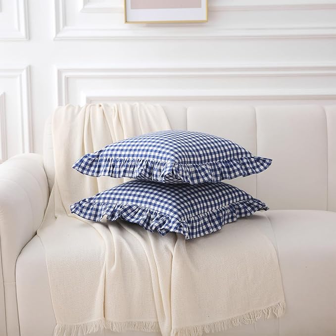 2 Pack Navy Blue White Plaid Ruffle Gingham Throw Pillow Covers, 100% Washed - Image 3