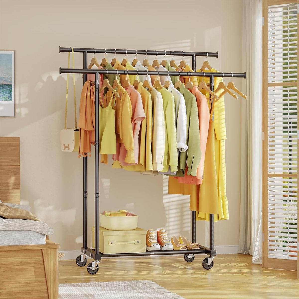 hyseyy double rods clothes rack, rolling clothing rack on a desk or shelf