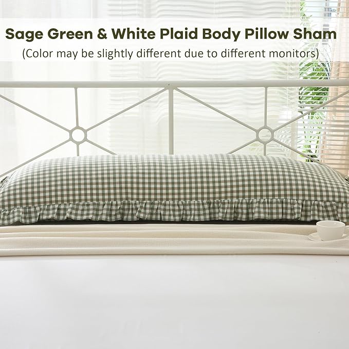 Sage Green White Plaid Gingham Body Pillow Cover - Image 2