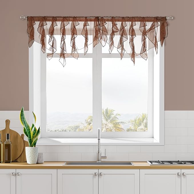 PearAge Ruffled Voile Semi Sheer Curtain Valance, Kitchen Living Room Shabby - Image 6