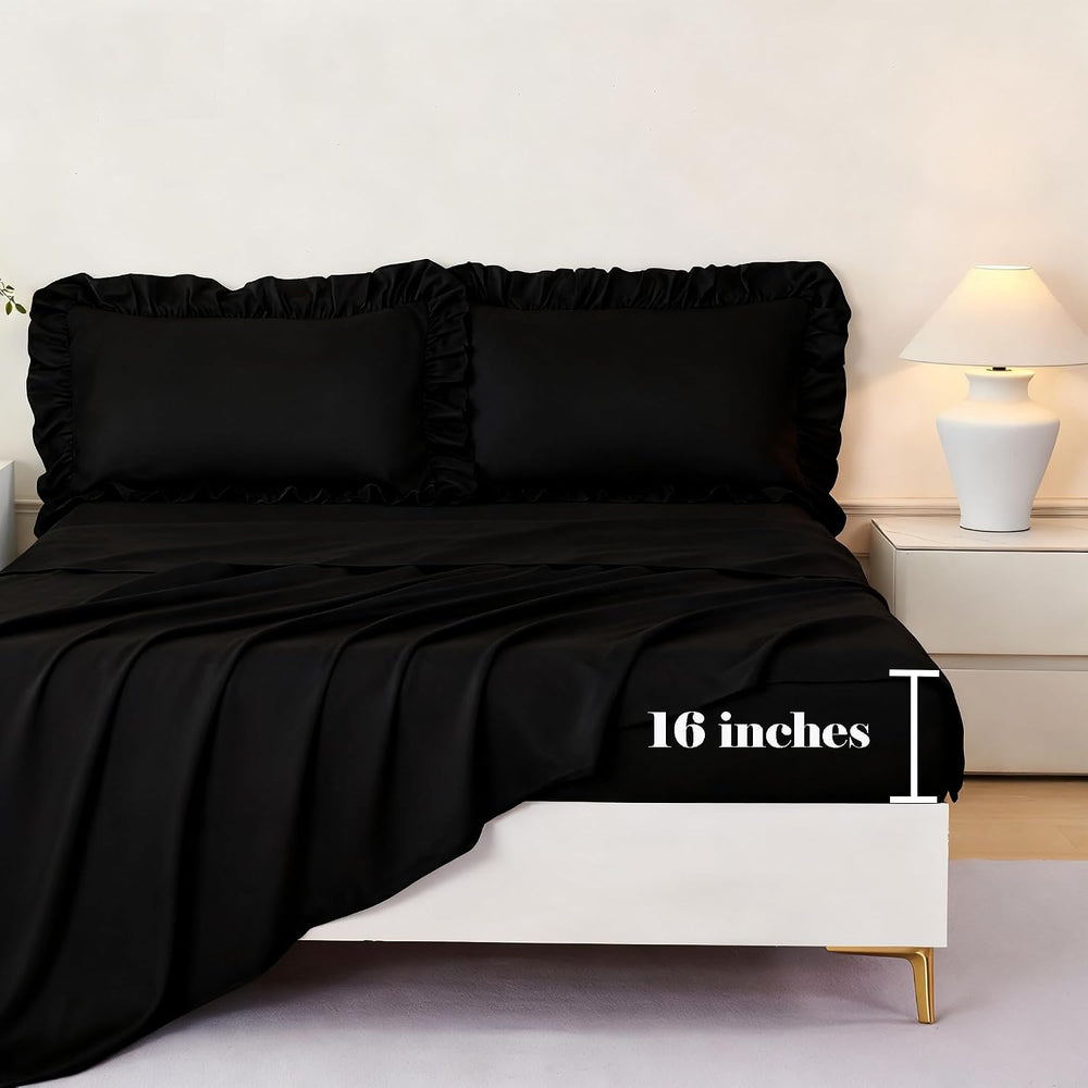 ANGIYUIN Black Queen Size Comforter Set 5Pcs Ruffle Bed in A Bag