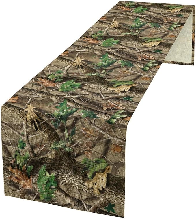 Forest Camouflage Table Runner, Camo Conifer Oak Branches Mossy Hunting Lodge by Unknown