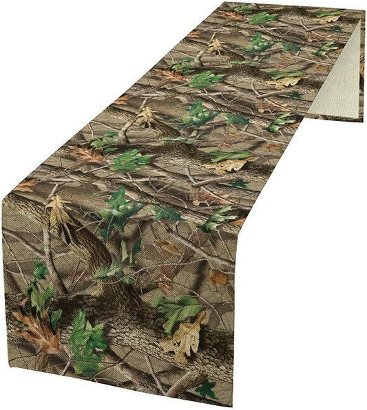 Forest Camouflage Table Runner, Camo Conifer Oak Branches Mossy Hunting Lodge by Unknown