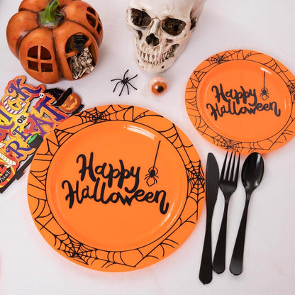 supernal 180 Pcs Orange and Black Halloween Plastic Dinnerware Set for 30