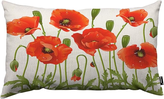 TKS MITLAN Red Poppy Pillow Covers 12 x 20 Inch Spring Flowers Rustic Linen by TKS+MITLAN