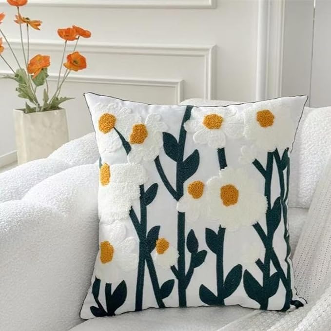18x18 Embroidered Throw Pillow Cover – Green Daisy Floral Cotton Decorative by EmbroideredLiving