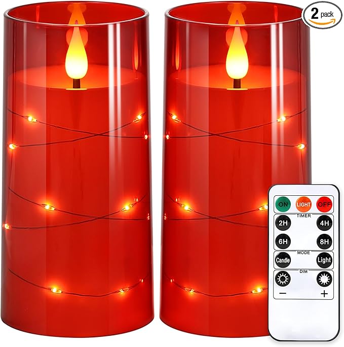 NURADA Flickering Flameless Candles: Built-in Star String Lights Battery Operated LED Pillar Candles with Remote and Timer Romantic Decorations for Wedding Party Christmas Halloween - Red 2 Pack