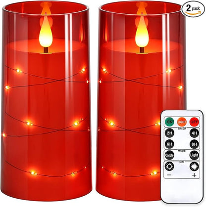 NURADA Flickering Flameless Candles: Built-in Star String Lights Battery Operated LED Pillar Candles with Remote and Timer Romantic Decorations for Wedding Party Christmas Halloween - Red 2 Pack