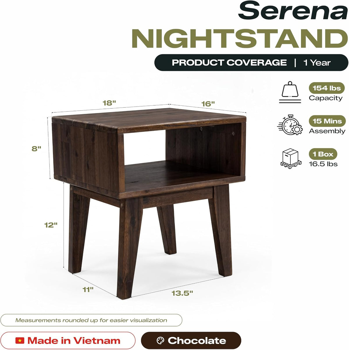 acacia serena nightstand solid wood nightstand with open, close-up detail