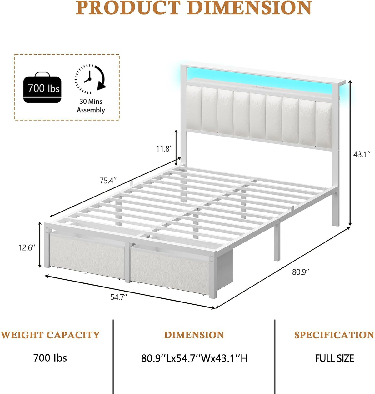 furnulem white full size bed frame with pu shown in use