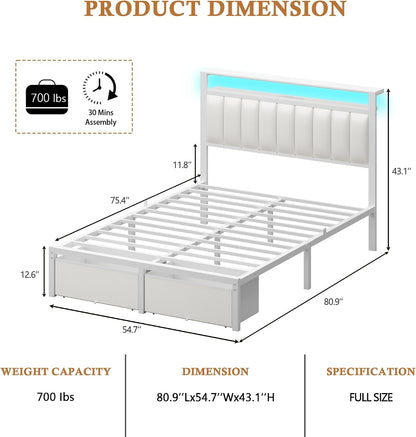 furnulem white full size bed frame with pu shown in use