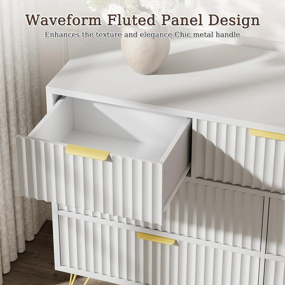 LYNSOM Fluted Dresser for Bedroom, White 7 Drawer Dresser with Gold Handles a...