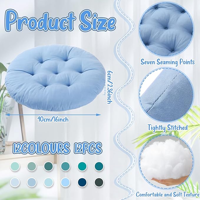 Fumete 12 Pcs Floor Pillows Cushions Seating 16 x 16 Inches Color Round Seat - Image 2
