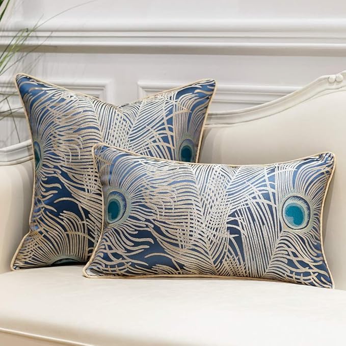 Avigers 12 x 20 Inches Light Blue Silver Peacock Feathers Cushion Cases Luxury - Image 2