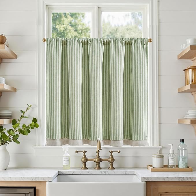 jinchan Double Layer Striped Linen Kitchen Tier Curtain Rustic Cafe - Image 2