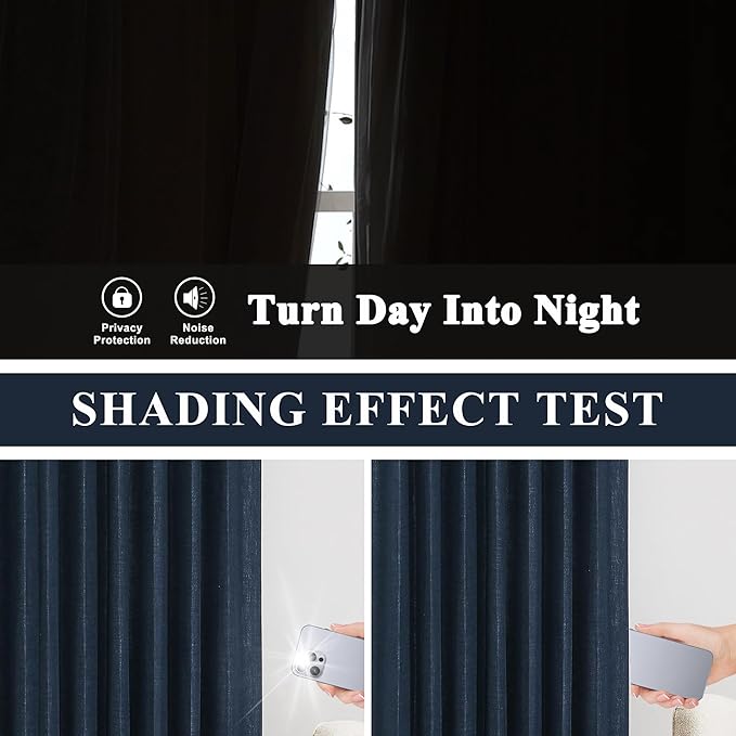 Vision Home Navy Blue Pinch Pleated Full Blackout Curtains Linen Blended Room - Image 5