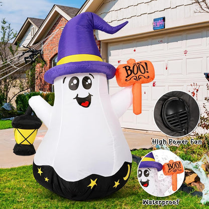GOOSH 5 FT Halloween Inflatables Ghost Outdoor Decorations Blow Up Yard Cute Wizard Ghost with Hand-Held Light with Built-in LEDs for Garden Lawn Indoor Party Decor