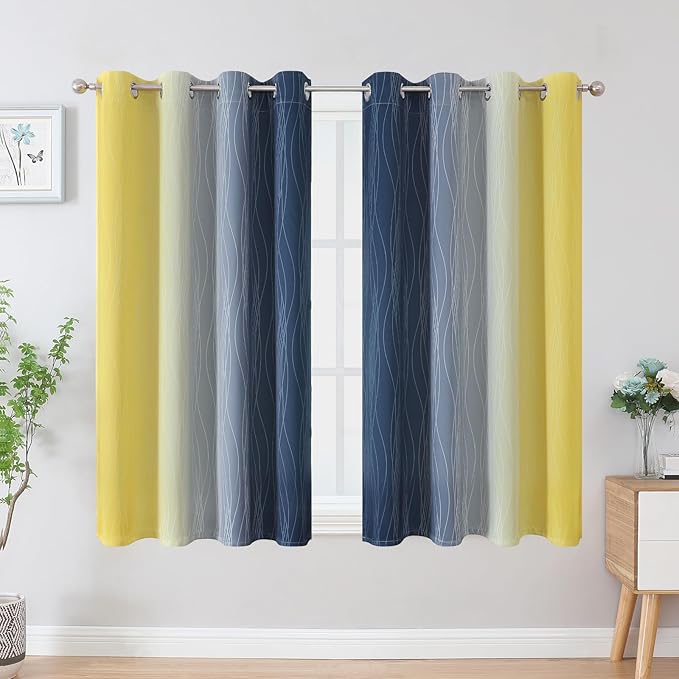 Estelar Textiler Navy Blue and Yellow Blackout Curtains 45 Inch Length - Image 2