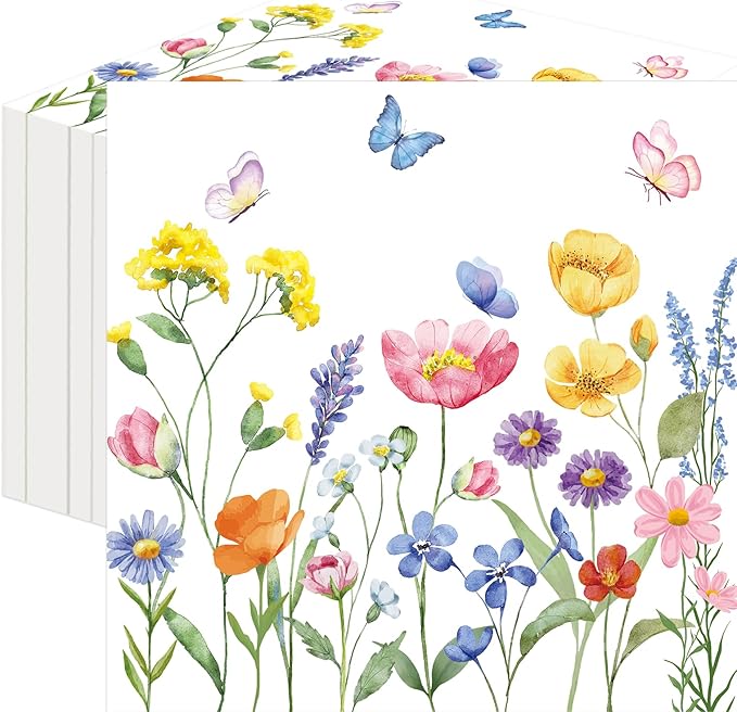 50 Count Wild Flowers Floral Paper Napkins, Disposable Spring Garden Party by Merriva