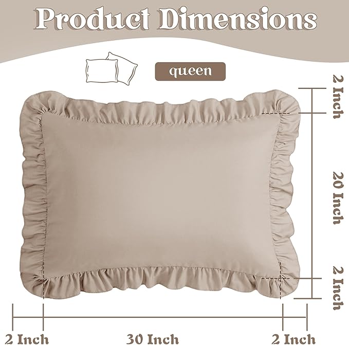 KKJIAF Ruffle Pillow Cases Queen Size Set of 2, Khaki Ruffled Pillow Covers - Image 3