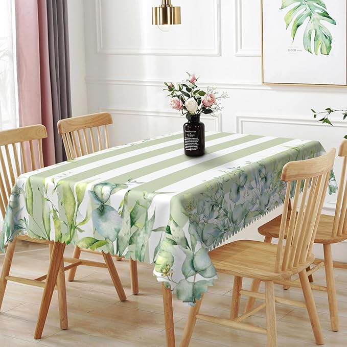 52x70inches Green and White Stripes Tablecloth Watercolor Green Eucalyptus by TTQYFNM